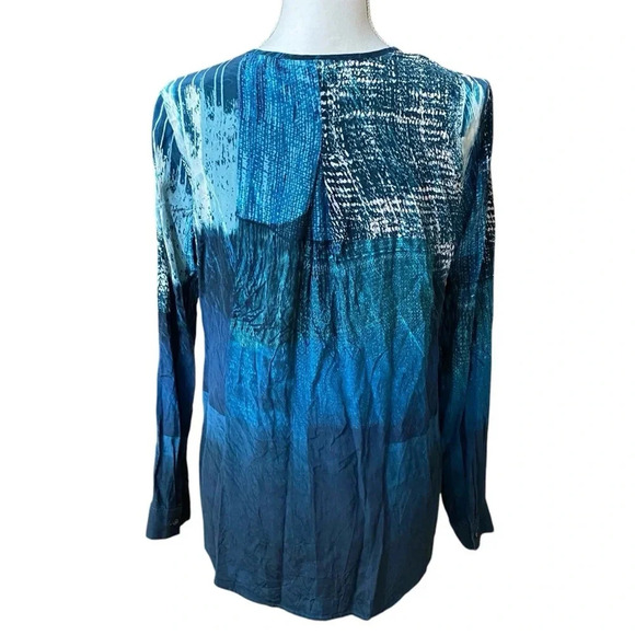 Ecru Silk Blouse Navy Cream Turquoise V-Neck Hidden Button Work Top M - Picture 10 of 13